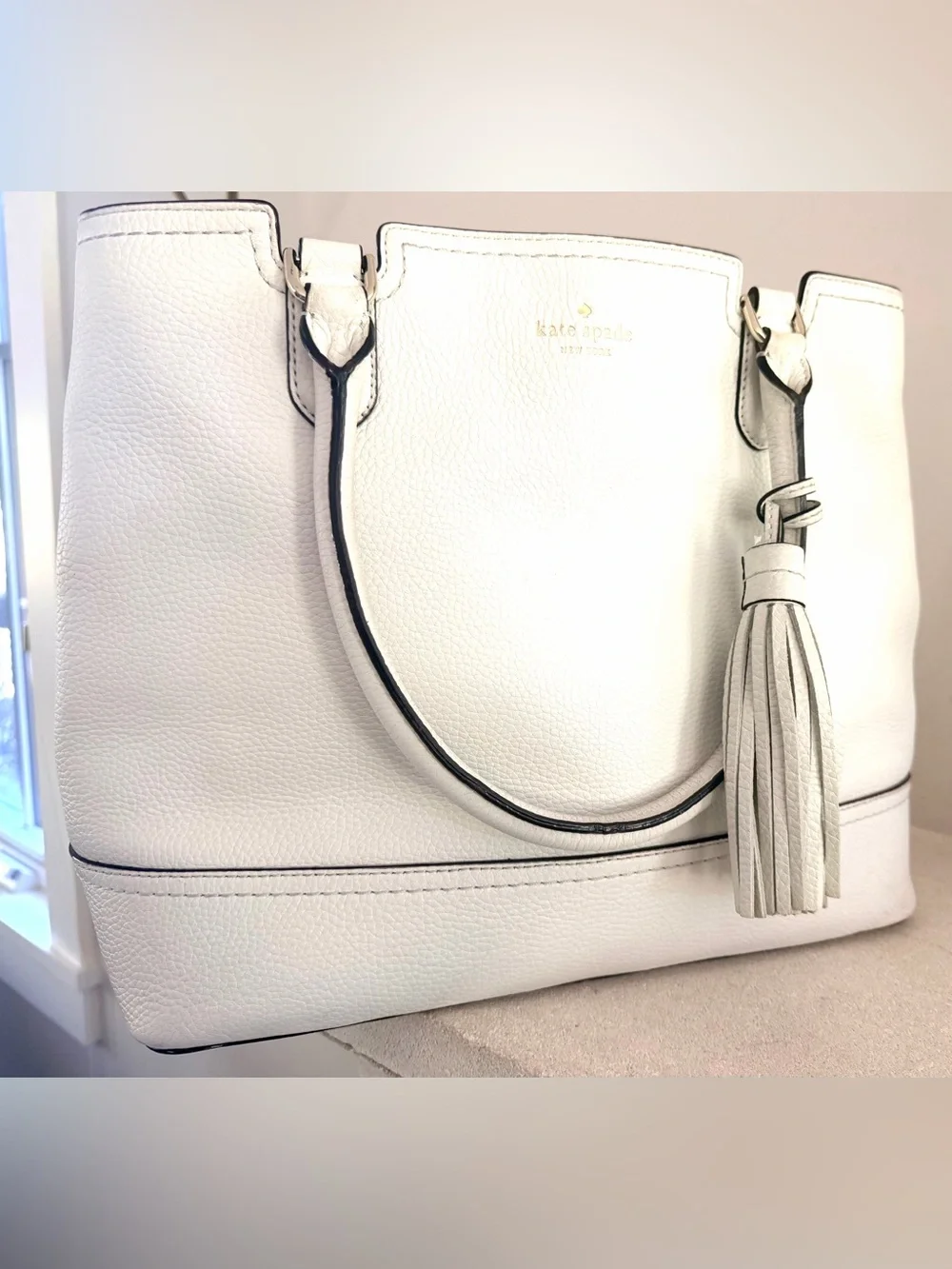 KATE SPADE New York White Pebbled Leather Tassel Tote Bag
